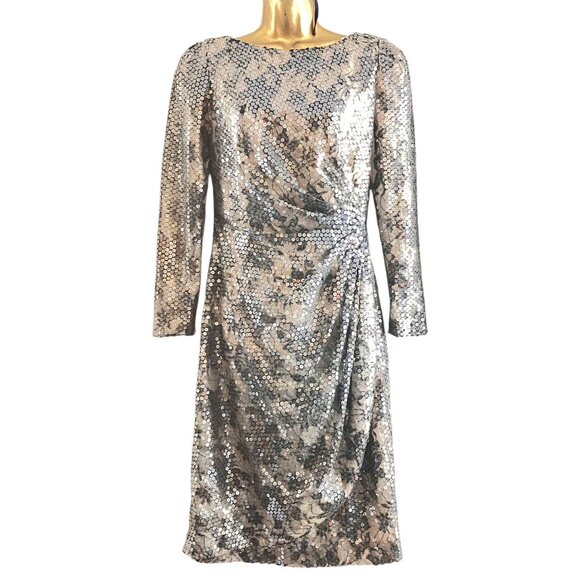 Vintage Plunge Back Mesh Lace Dress 8 Side Ruching Cocktail Formal Old Hollywood - Picture 2 of 9